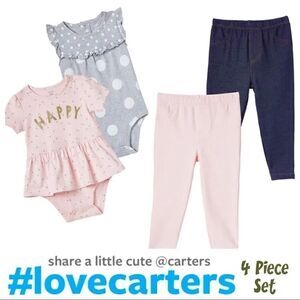 NEW! CARTER’S Girls 4 Pc Happy Peplum Bodysuit Pant Set- Pink, Grey & Blue Denim